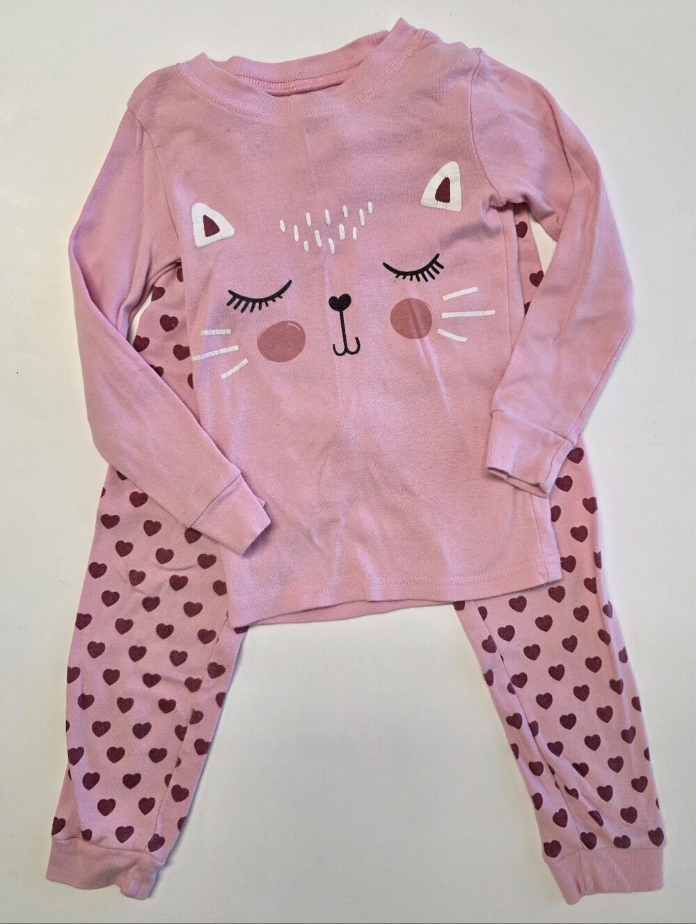 Girls' Pink Cat Face Pajama Set with Heart-Print Pants - Cute Sleepwear